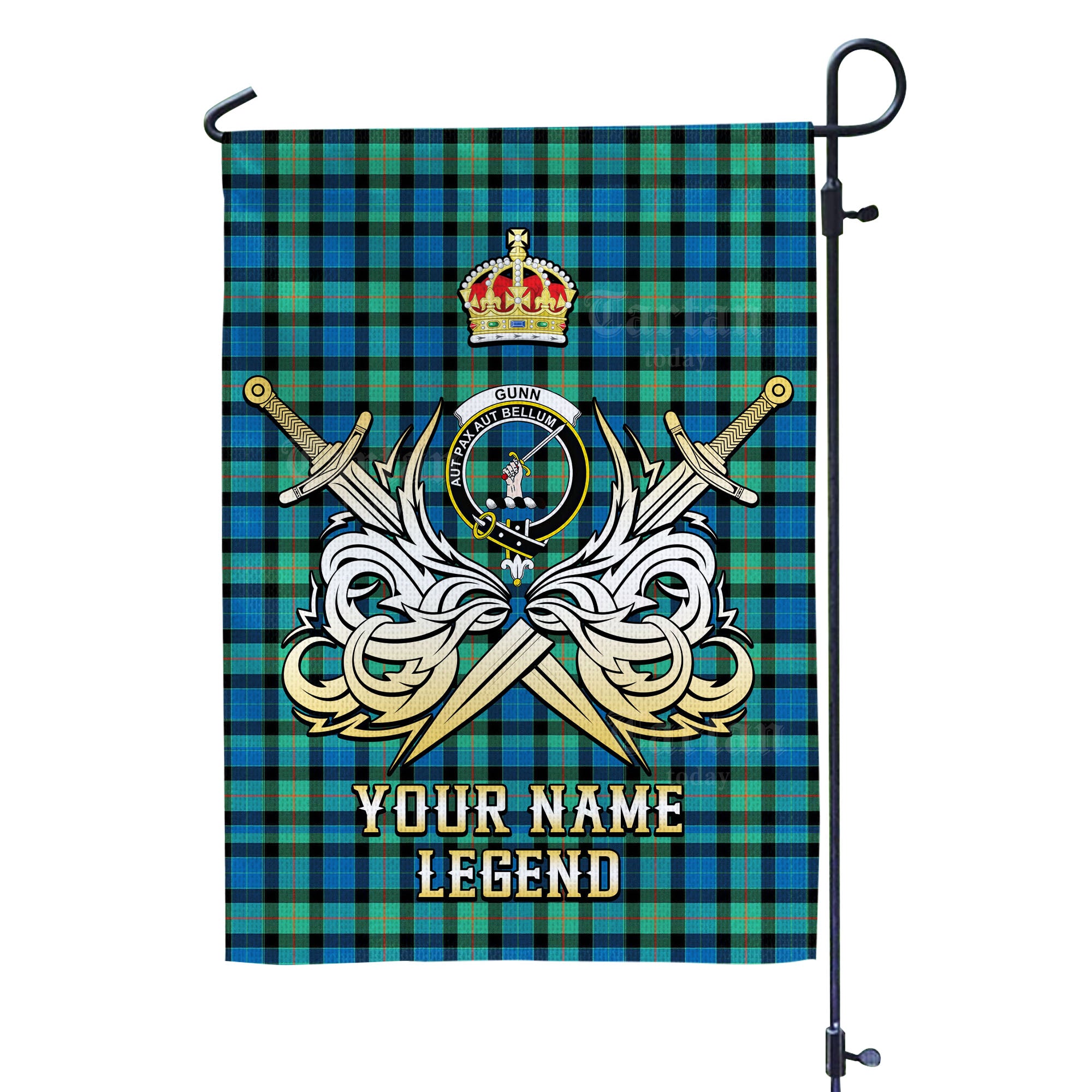 Custom Name Clan Gunn Ancient Tartan Garden Flag with Clan Crest and the Golden Sword of Courageous Legacy CV16