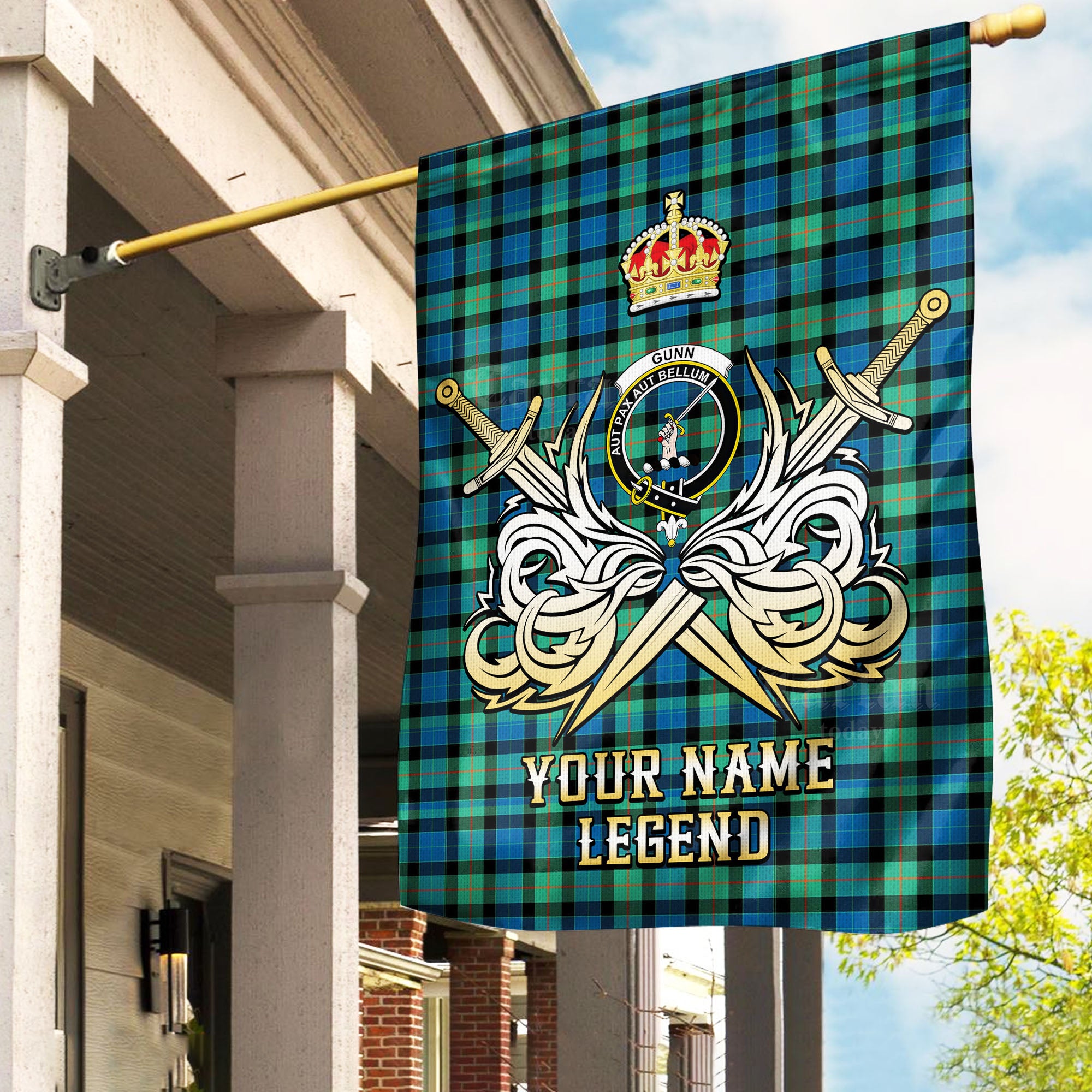 Custom Name Clan Gunn Ancient Tartan Garden Flag with Clan Crest and the Golden Sword of Courageous Legacy CV16