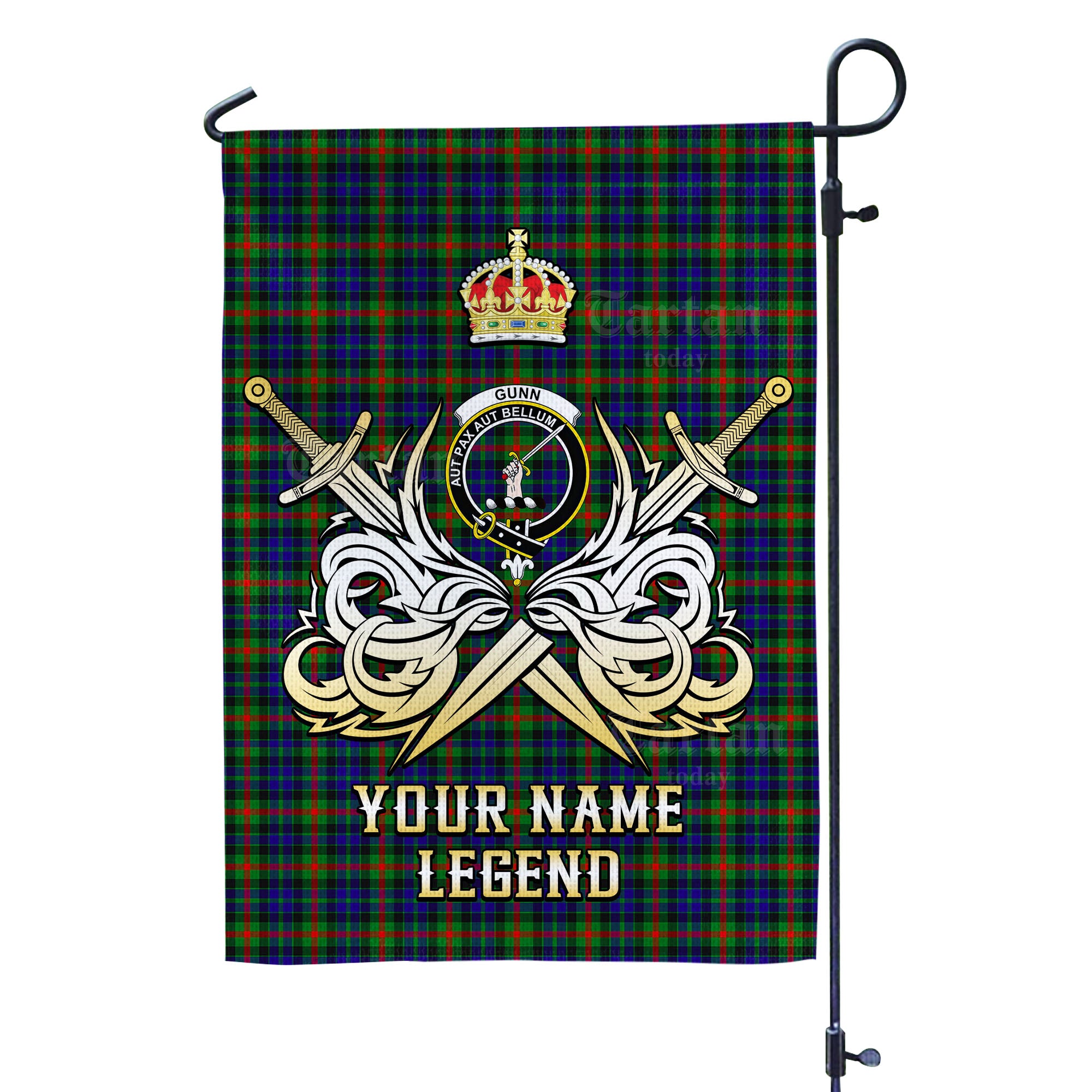 Custom Name Clan Gunn Tartan Garden Flag with Clan Crest and the Golden Sword of Courageous Legacy YS37