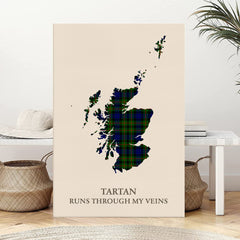 Clan Gunn Modern  Tartan Scotland Map Canvas “Tartan Runs Through My Veins” Wall Art UF21