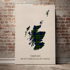 Gunn Modern  Tartan Scotland Map Canvas – “Tartan Runs Through My Veins” Wall Art