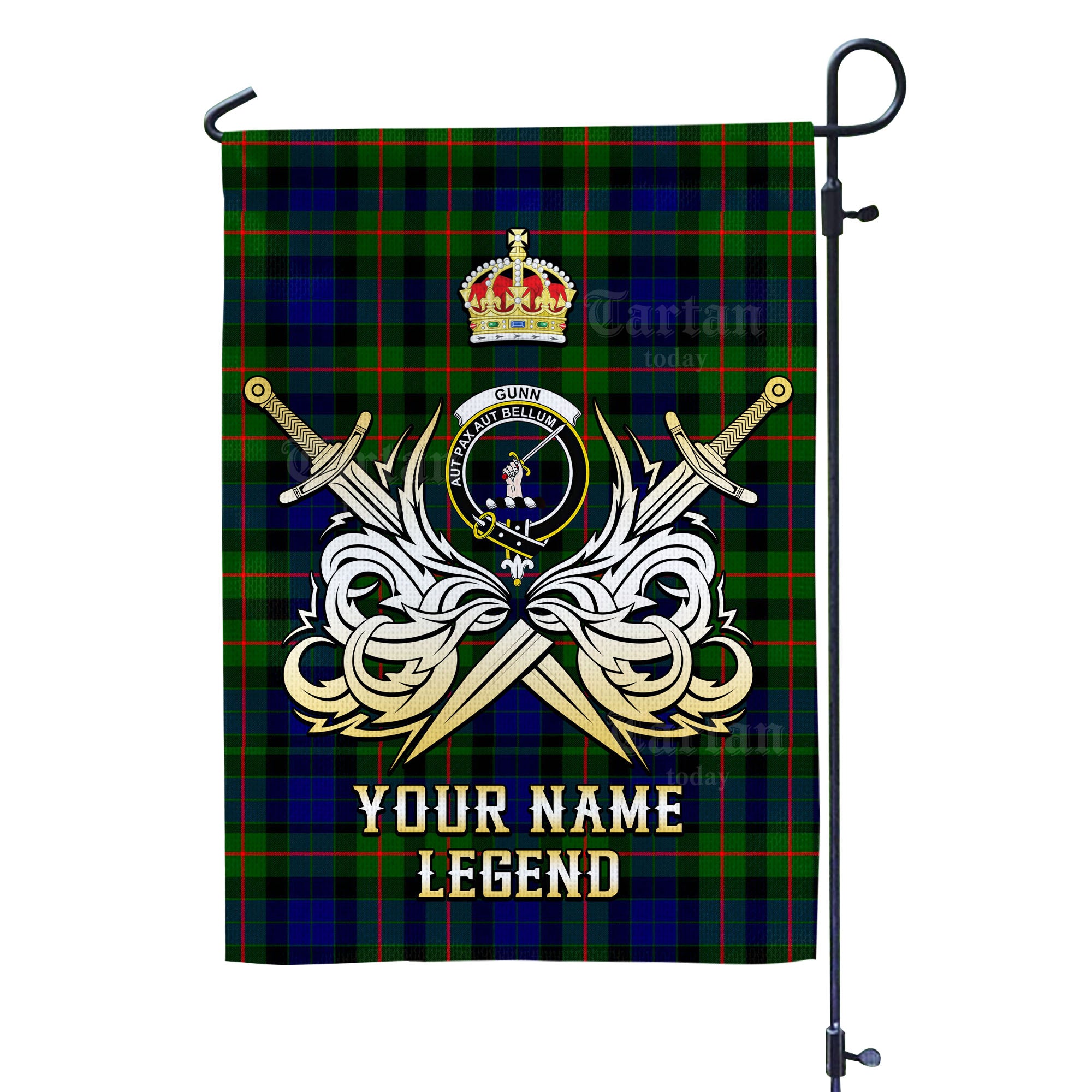 Custom Name Clan Gunn Modern Tartan Garden Flag with Clan Crest and the Golden Sword of Courageous Legacy SZ40