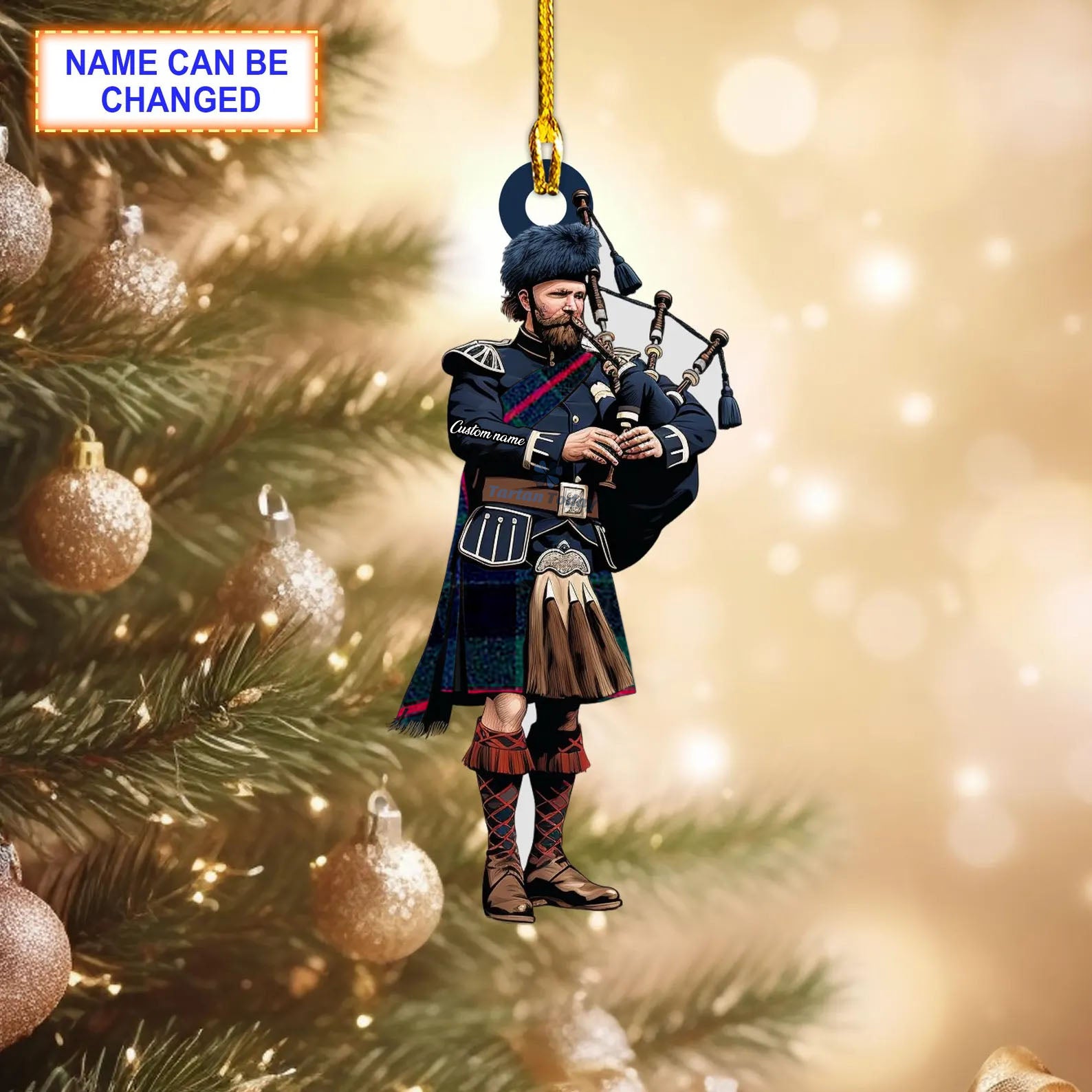 Gunn Modern Tartan Bagpipe Ornament with Custom Name