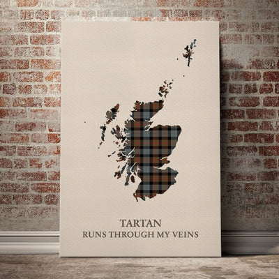 Clan Gunn Weathered Tartan Scotland Map Canvas “Tartan Runs Through My Veins” Wall Art KA24
