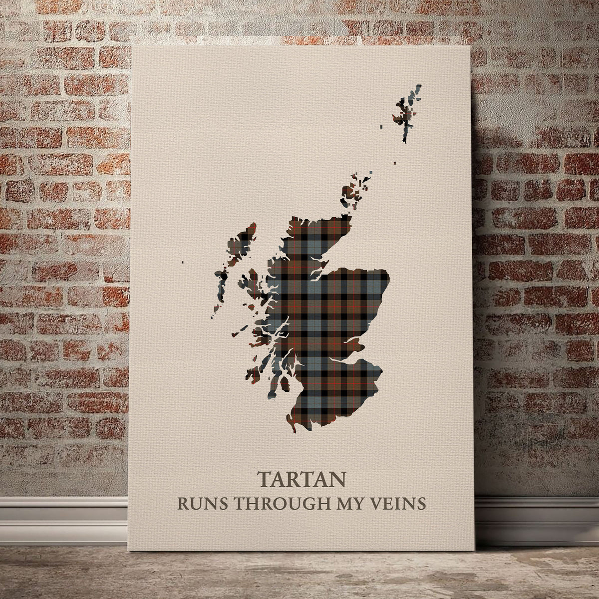 Gunn Weathered Tartan Scotland Map Canvas – “Tartan Runs Through My Veins” Wall Art