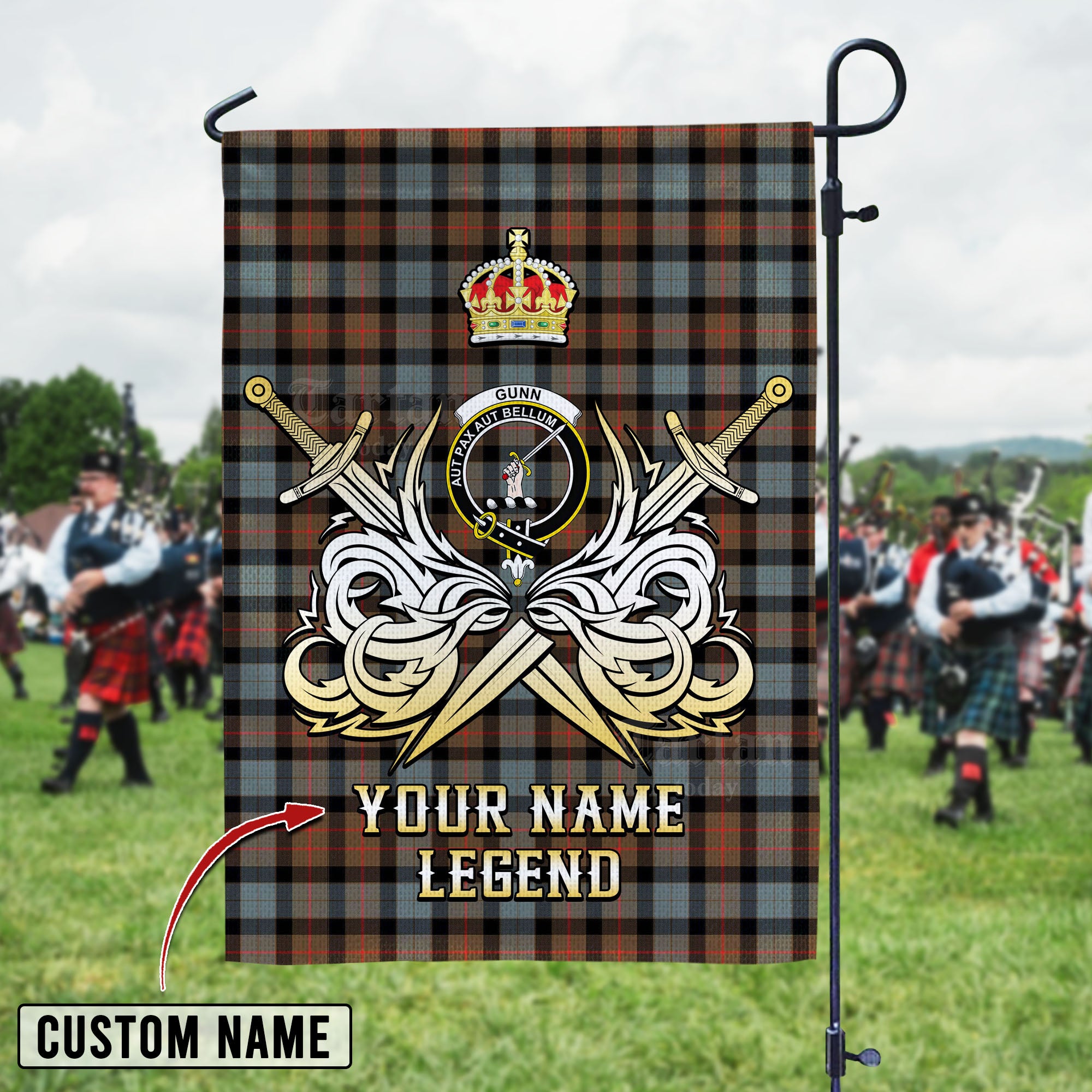 Personalized Custom Name Clan Gunn Weathered Tartan Garden Flag with Clan Crest and the Golden Sword of Courageous Legacy DZ75 - Gunn Weathered Tartan Design, Scottish Heritage Gift