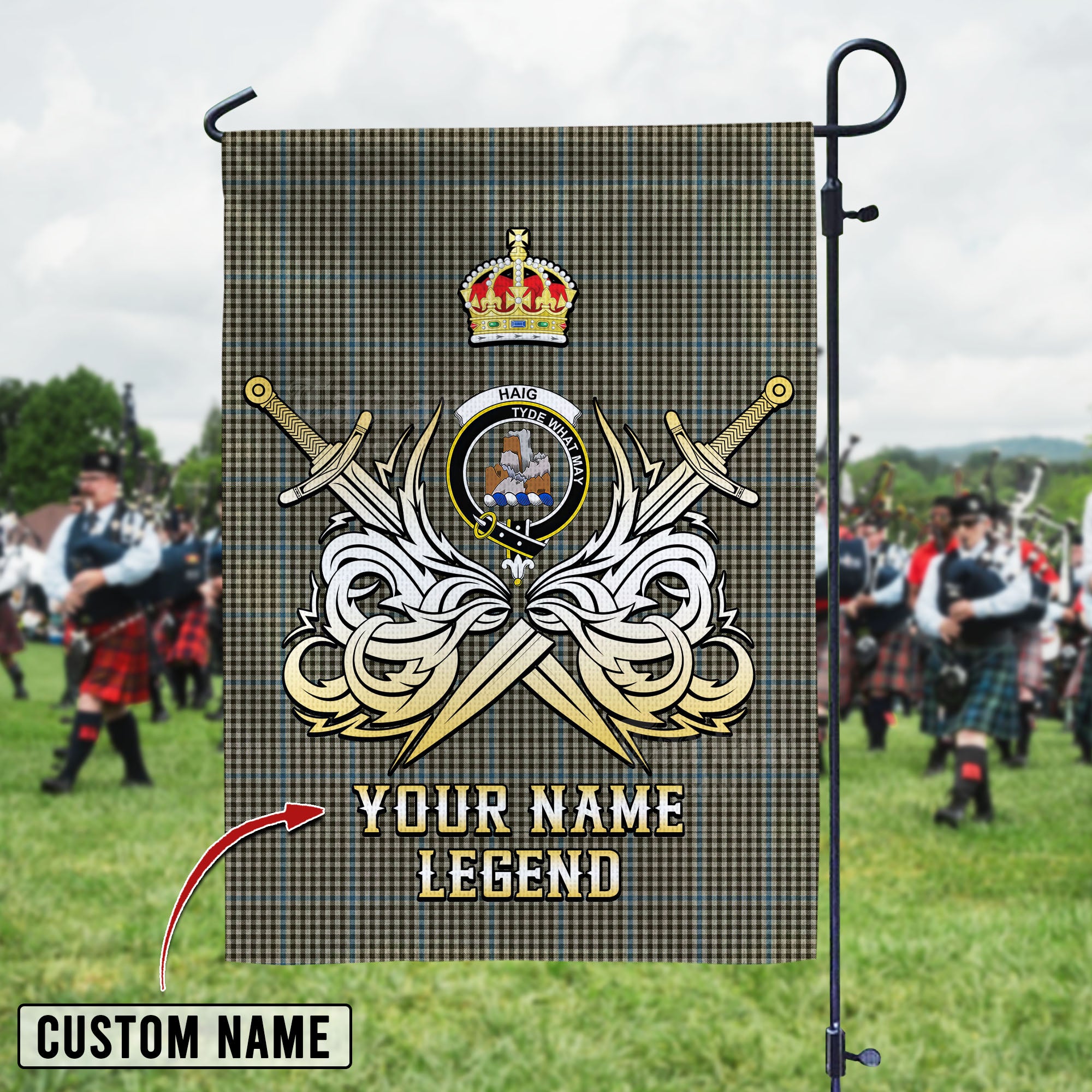 Personalized Custom Name Clan Haig Check Tartan Garden Flag with Clan Crest and the Golden Sword of Courageous Legacy AM11 - Haig Check Tartan Design, Scottish Heritage Gift