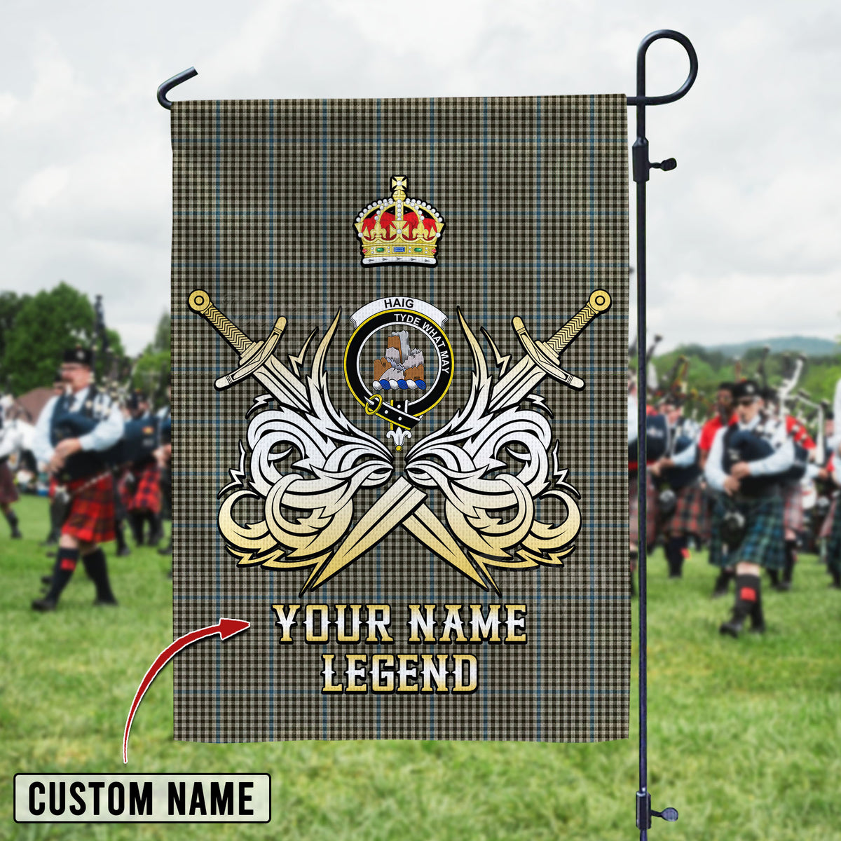Personalized Custom Name Clan Haig Check Tartan Garden Flag with Clan Crest and the Golden Sword of Courageous Legacy AM11 - Haig Check Tartan Design, Scottish Heritage Gift