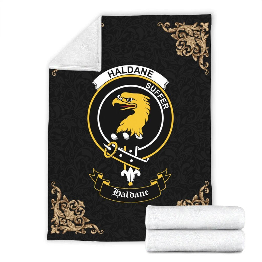 Clan Haldane Crest Tartan Premium Blanket Black