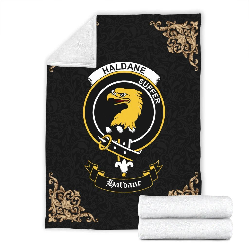 Clan Haldane Crest Tartan Premium Blanket Black HV45 Clan Haldane Tartan Today   