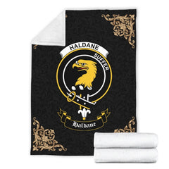 Clan Haldane Crest Tartan Premium Blanket Black HV45 Clan Haldane Tartan Today   