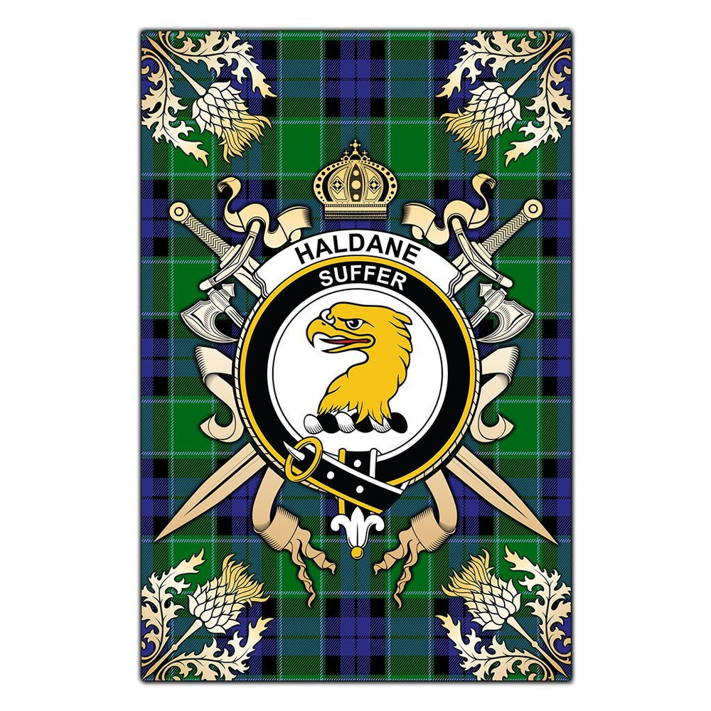 Clan Haldane Tartan Crest Black Garden Flag  - Gold Thistle  QY35 Clan Haldane Tartan Today   