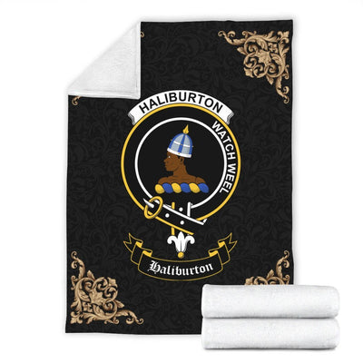 Clan Haliburton Crest Tartan Premium Blanket Black