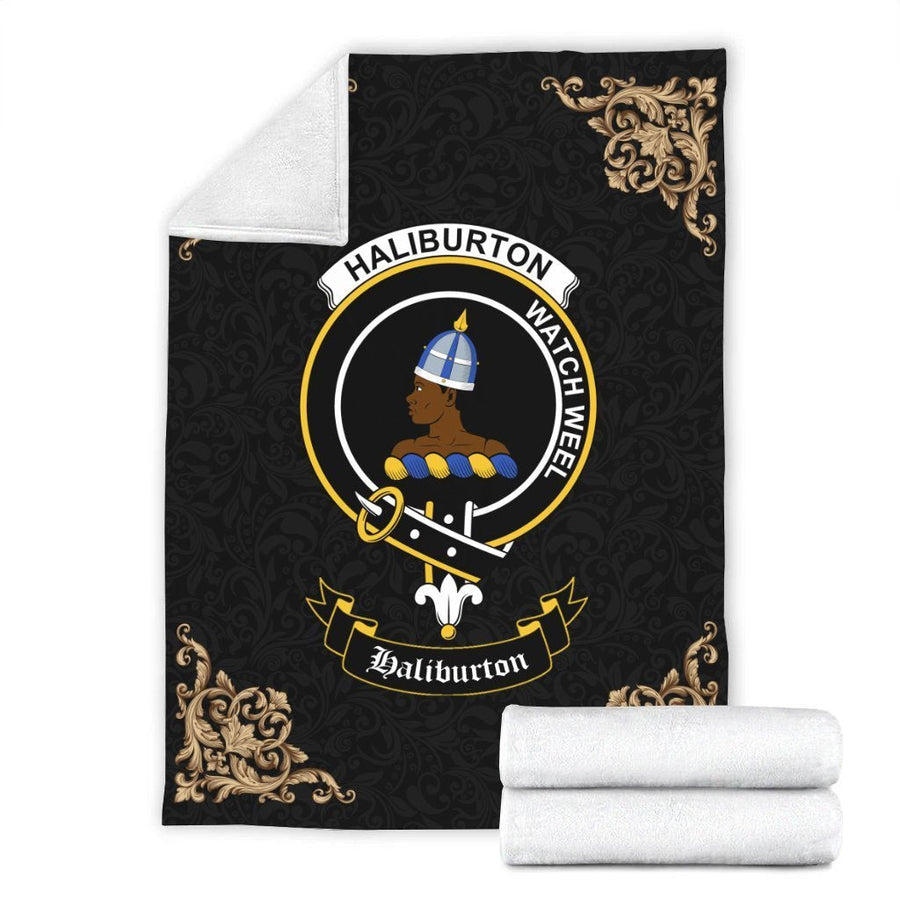 Clan Haliburton Crest Tartan Premium Blanket Black