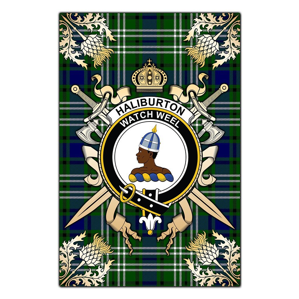 Clan Haliburton Tartan Crest Black Garden Flag  - Gold Thistle  LG35 Clan Haliburton Tartan Today   