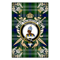 Clan Haliburton Tartan Crest Black Garden Flag  - Gold Thistle  LG35 Clan Haliburton Tartan Today   