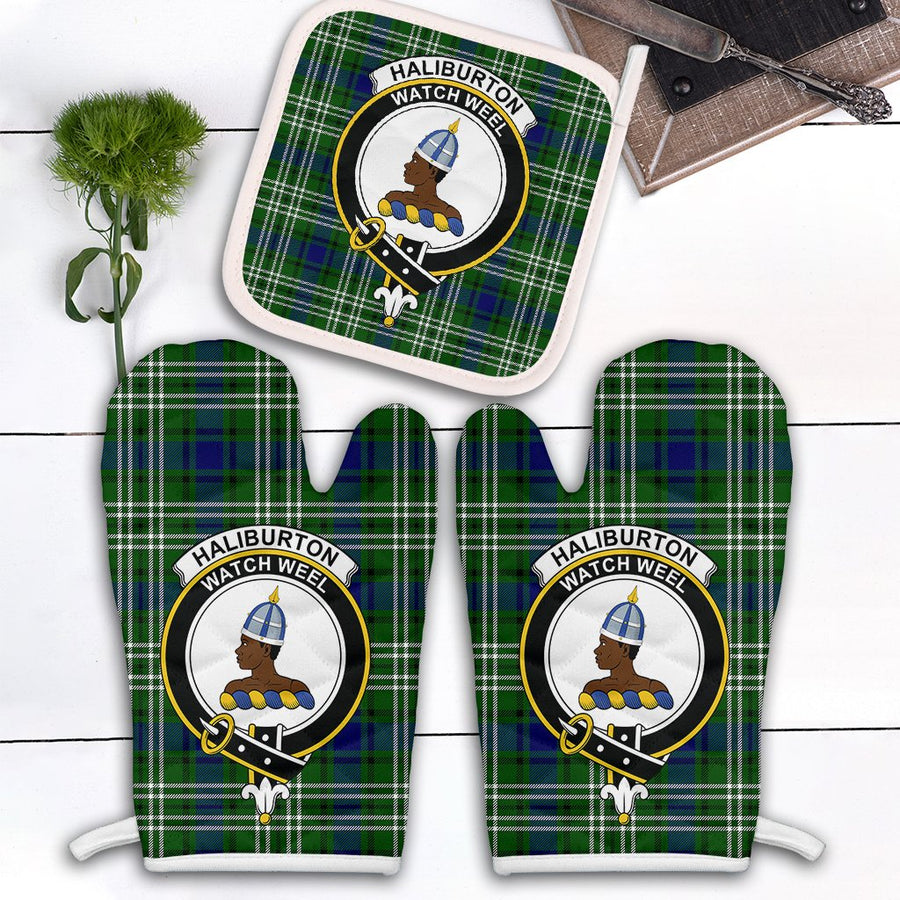 Clan Haliburton Tartan Crest Oven Mitt And Pot Holder (2 Oven Mitts + 1 Pot Holder)