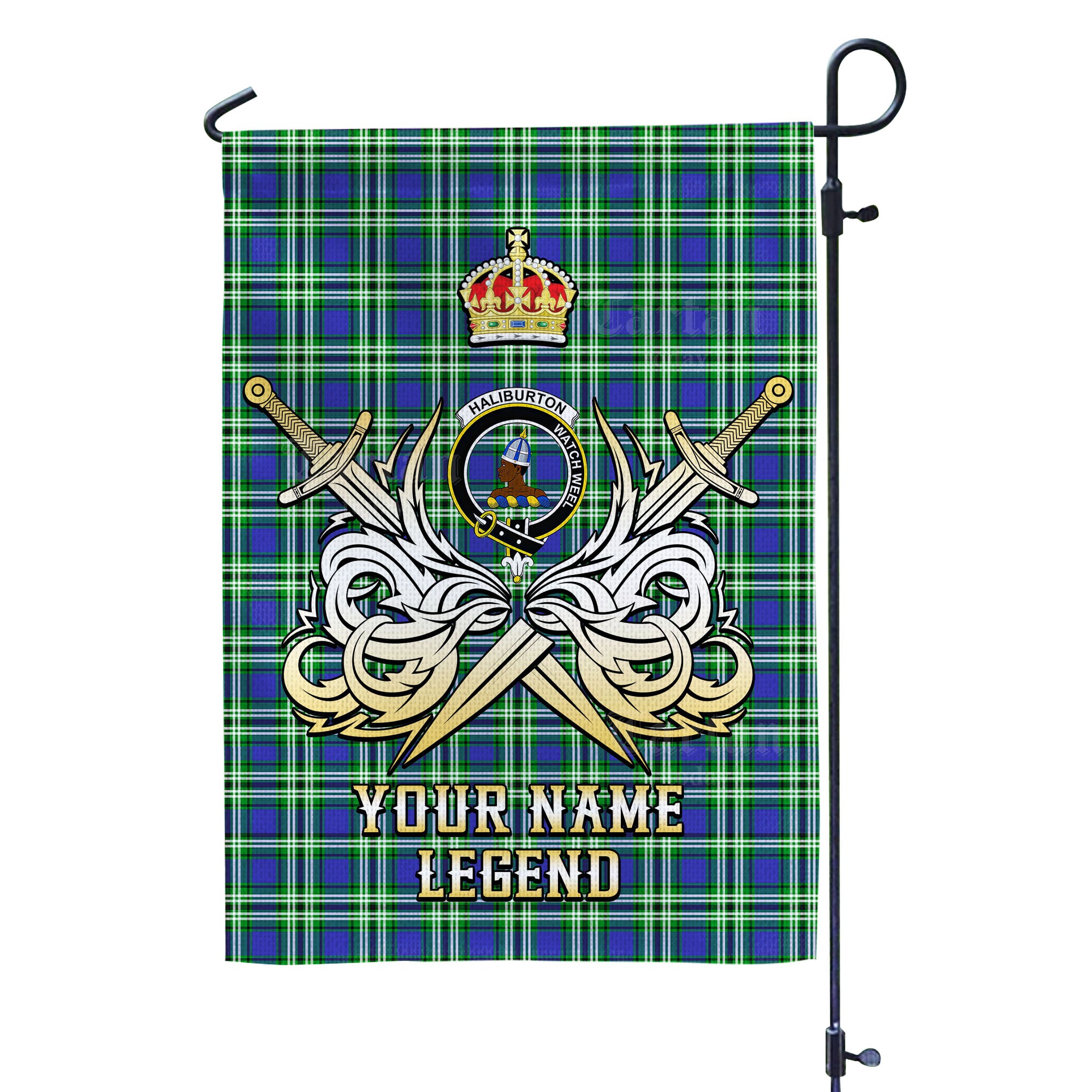 Custom Name Clan Haliburton Tartan Garden Flag with Clan Crest and the Golden Sword of Courageous Legacy RR61
