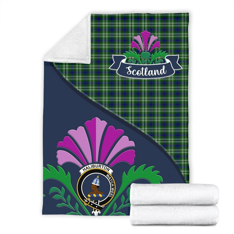 Clan Haliburton Tartan Crest Premium Blanket Thistle Style