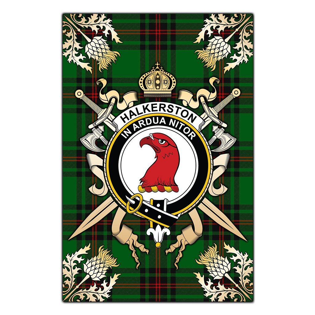 Clan Halkerston Tartan Crest Black Garden Flag  - Gold Thistle  SP19 Clan Halkerston Tartan Today   