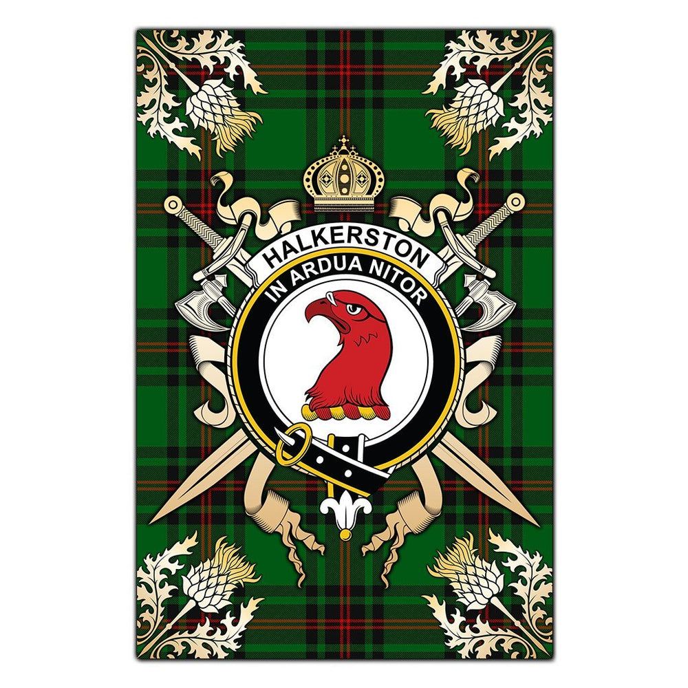 Clan Halkerston Tartan Crest Black Garden Flag  - Gold Thistle  SP19 Clan Halkerston Tartan Today   