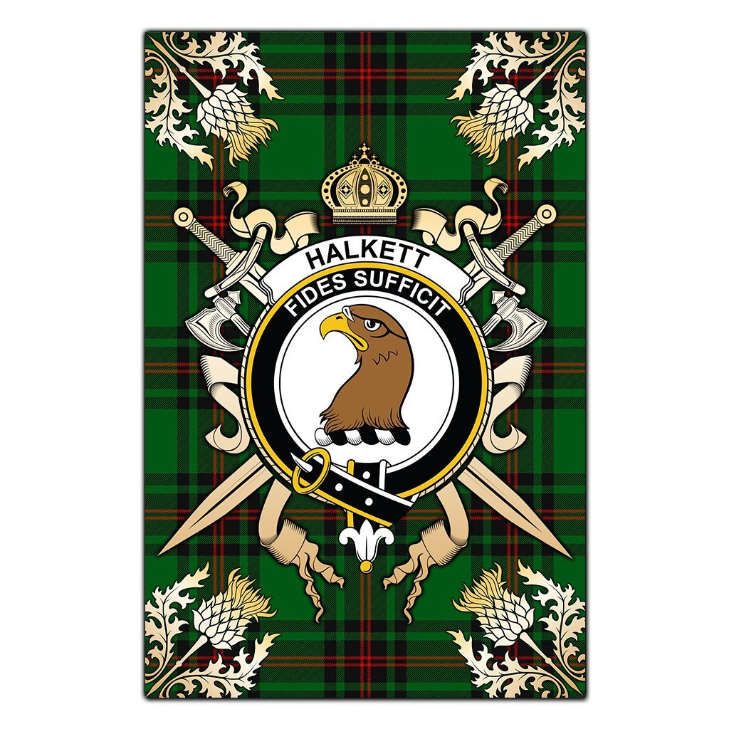 Clan Halkett Tartan Crest Black Garden Flag  - Gold Thistle  FZ44 Clan Halkett Tartan Today   