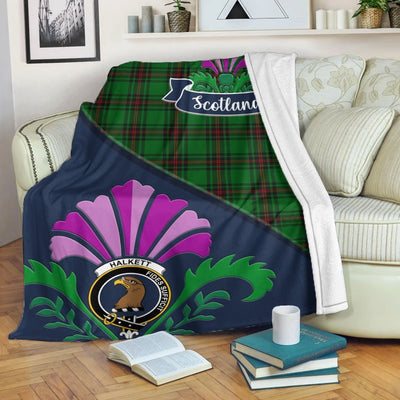 Clan Halkett Tartan Crest Premium Blanket Thistle Style