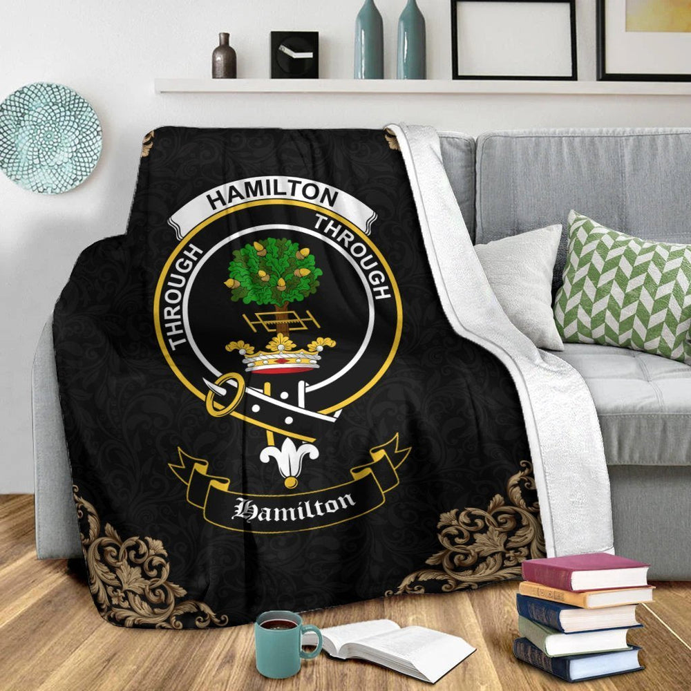 Clan Hamilton Crest Tartan Premium Blanket Black KN56 Clan Hamilton Tartan Today   