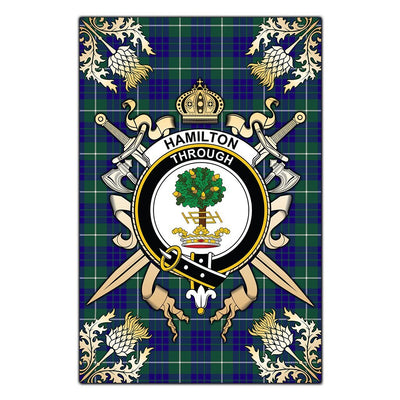 Clan Hamilton Hunting Modern Tartan Crest Black Garden Flag - Gold Thistle SR32