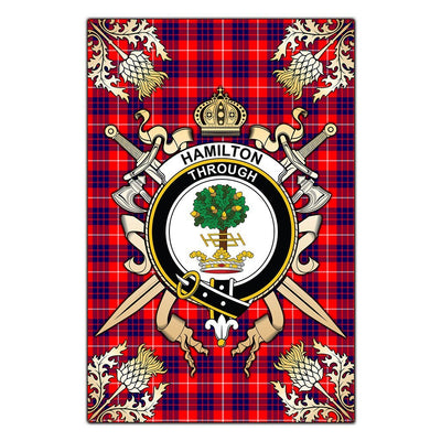 Clan Hamilton Modern Tartan Crest Black Garden Flag - Gold Thistle RO16