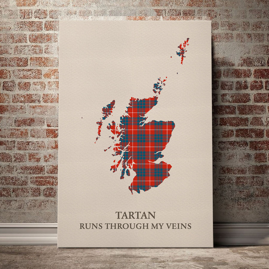 Hamilton Ancient Tartan Scotland Map Canvas – “Tartan Runs Through My Veins” Wall Art