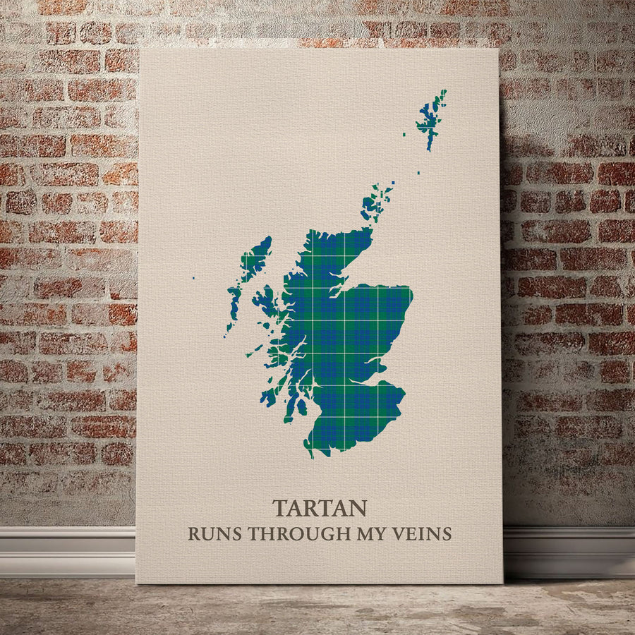 Hamilton Hunting Ancient Tartan Scotland Map Canvas – “Tartan Runs Through My Veins” Wall Art