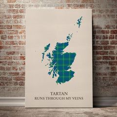 Hamilton Hunting Ancient Tartan Scotland Map Canvas – “Tartan Runs Through My Veins” Wall Art