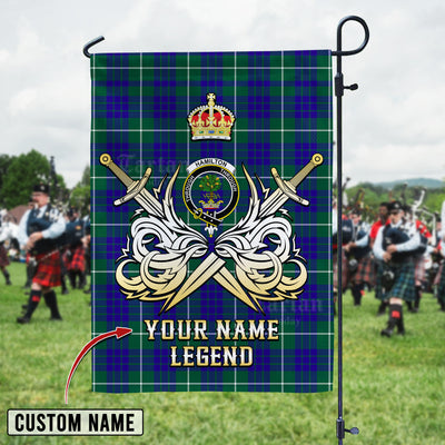 Custom Name Clan Hamilton Hunting Modern Tartan Garden Flag with Clan Crest and the Golden Sword of Courageous Legacy TF38
