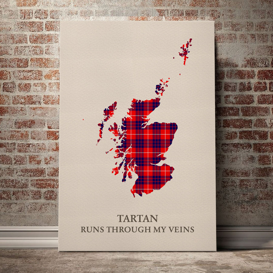 Hamilton Modern Tartan Scotland Map Canvas – “Tartan Runs Through My Veins” Wall Art