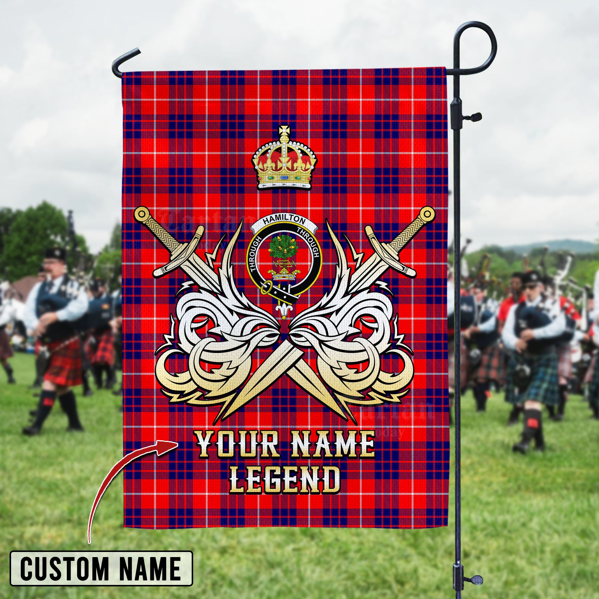 Personalized Custom Name Clan Hamilton Modern Tartan Garden Flag with Clan Crest and the Golden Sword of Courageous Legacy LX98 - Hamilton Modern Tartan Design, Scottish Heritage Gift
