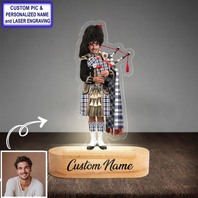 Custom Bagpipe Hannay Tartan LED Night Light - Personalized Scottish Bagpiper Figurine with Wooden Stand TY53