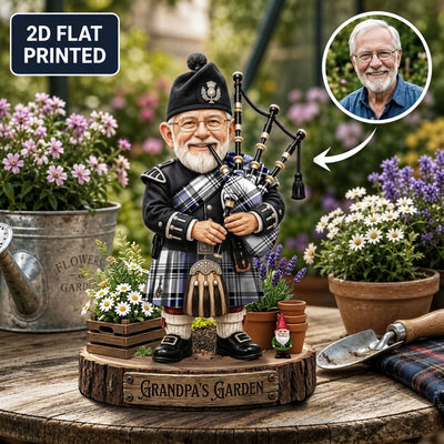 Personalized Hannay Clan Bagpipe Garden Gnome Caricature Plaque Custom Photo, Any Clan Tartan, Wood or Acrylic, Grandpa & Dad Gift, Scottish Highland Garden Decor JE32