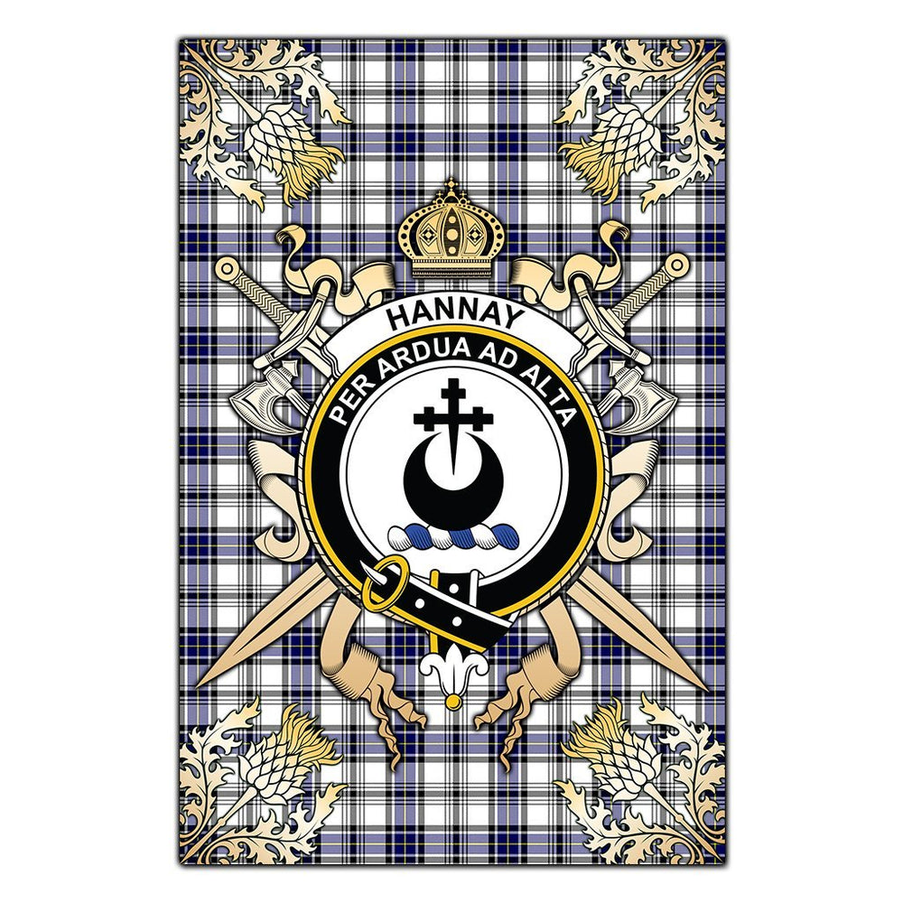 Clan Hannay Modern Tartan Crest Black Garden Flag  - Gold Thistle  DU44 Clan Hannay Tartan Today   