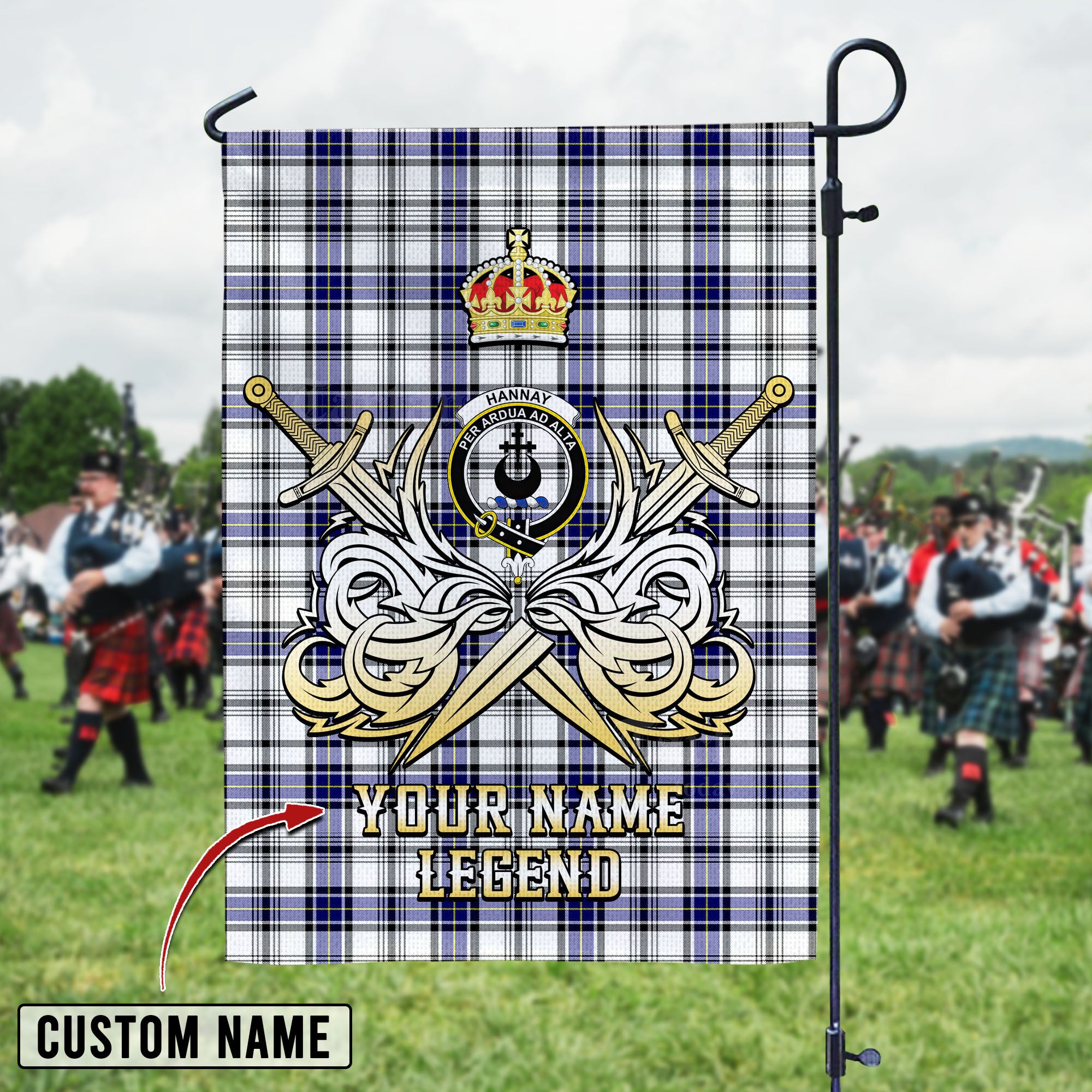 Personalized Custom Name Clan Hannay Tartan Garden Flag with Clan Crest and the Golden Sword of Courageous Legacy IS92 - Hannay Tartan Design, Scottish Heritage Gift