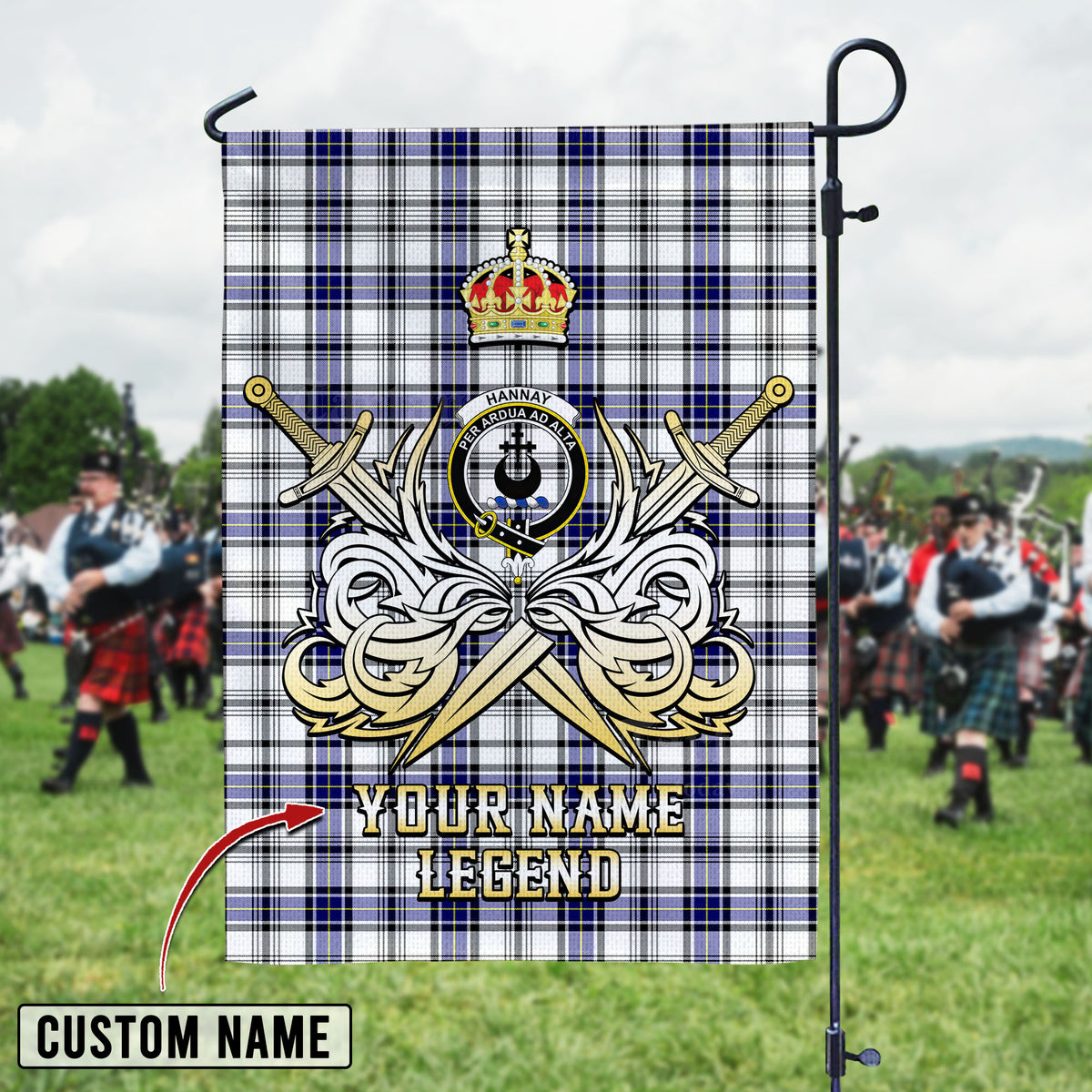 Personalized Custom Name Clan Hannay Tartan Garden Flag with Clan Crest and the Golden Sword of Courageous Legacy IS92 - Hannay Tartan Design, Scottish Heritage Gift