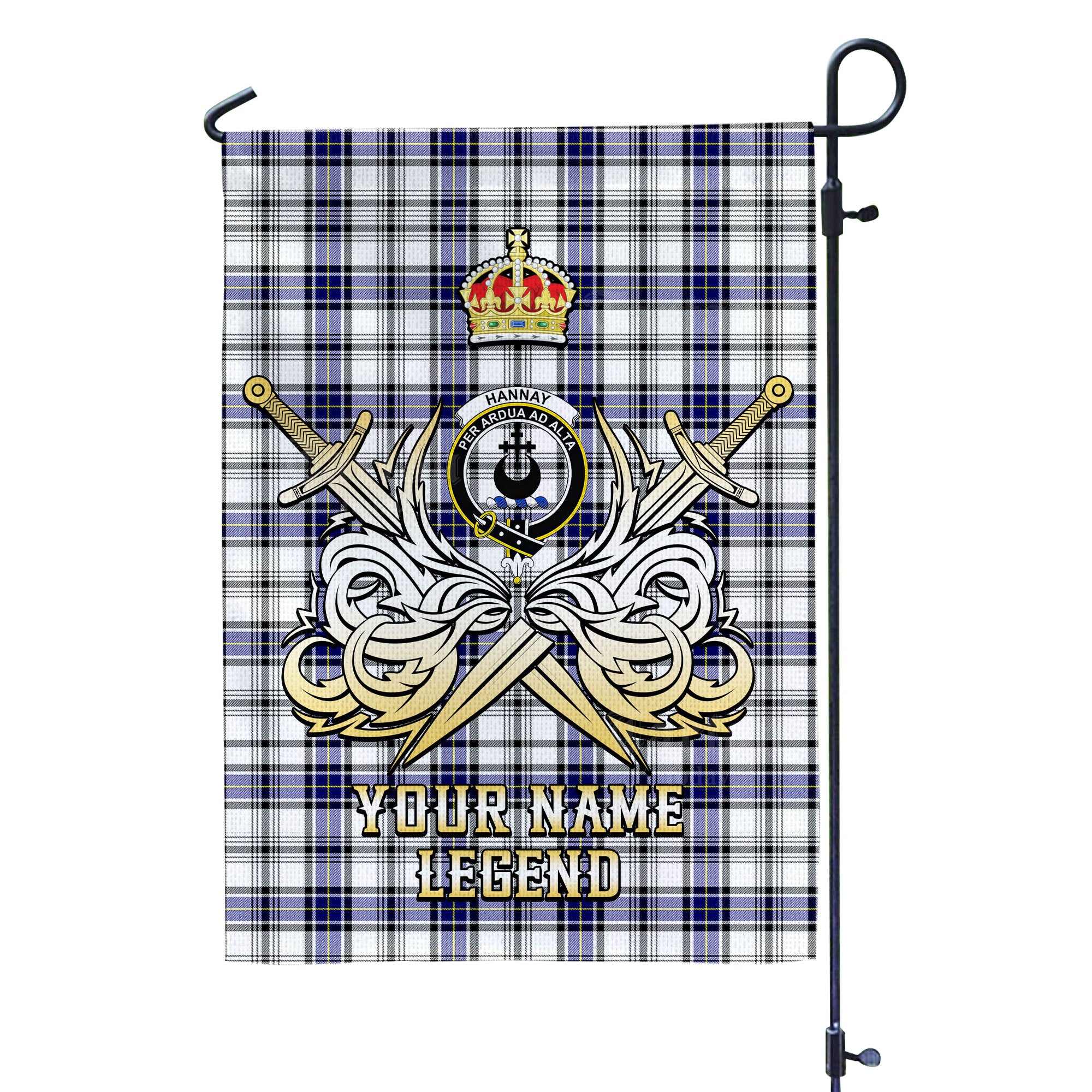 Custom Name Clan Hannay Tartan Garden Flag with Clan Crest and the Golden Sword of Courageous Legacy IS92