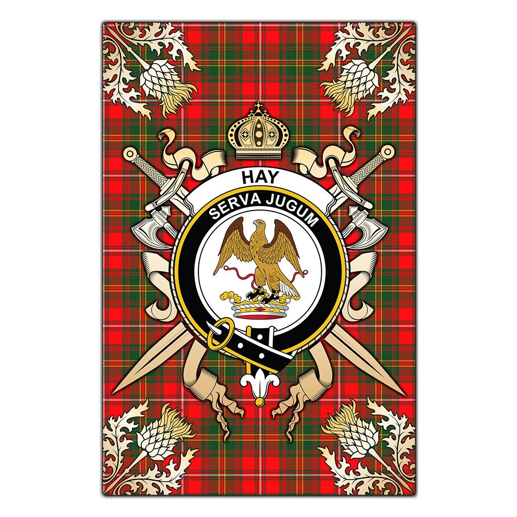 Clan Hay Modern Tartan Crest Black Garden Flag  - Gold Thistle  IX85 Clan Hay Tartan Today   