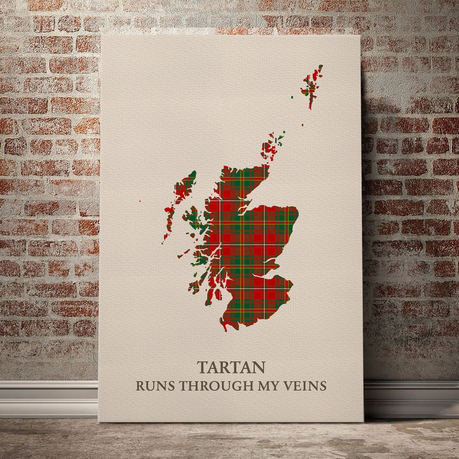 Hay Ancient Tartan Scotland Map Canvas – “Tartan Runs Through My Veins” Wall Art