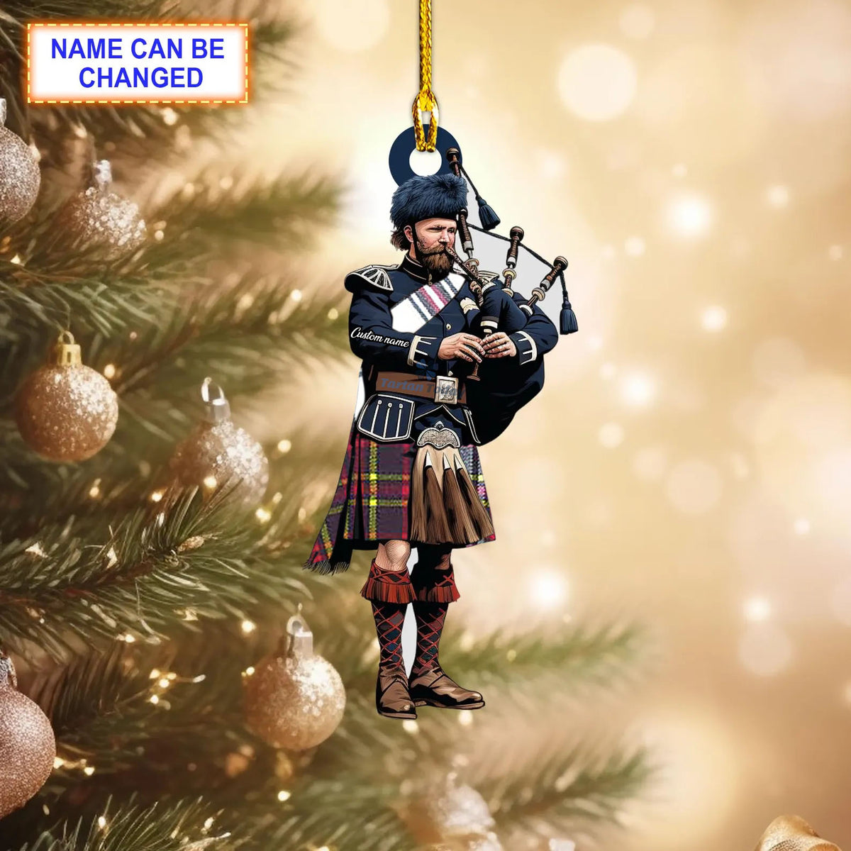 Hay Dress Modern Tartan Bagpipe Ornament with Custom Name