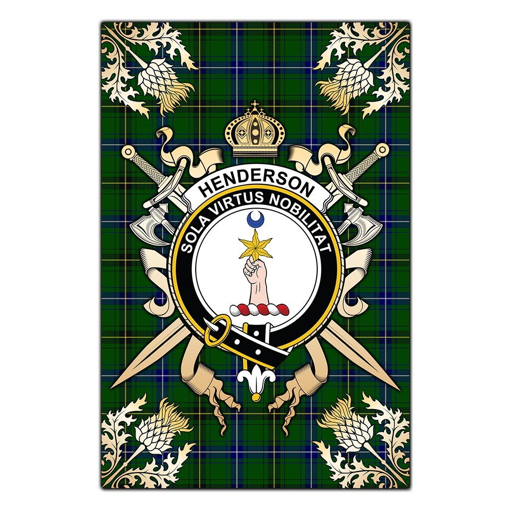 Clan Henderson Modern Tartan Crest Black Garden Flag  - Gold Thistle  AF45 Clan Henderson Tartan Today   