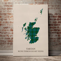 Henderson Ancient Tartan Scotland Map Canvas – “Tartan Runs Through My Veins” Wall Art