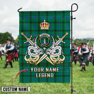Custom Name Clan Henderson Ancient Tartan Garden Flag with Clan Crest and the Golden Sword of Courageous Legacy