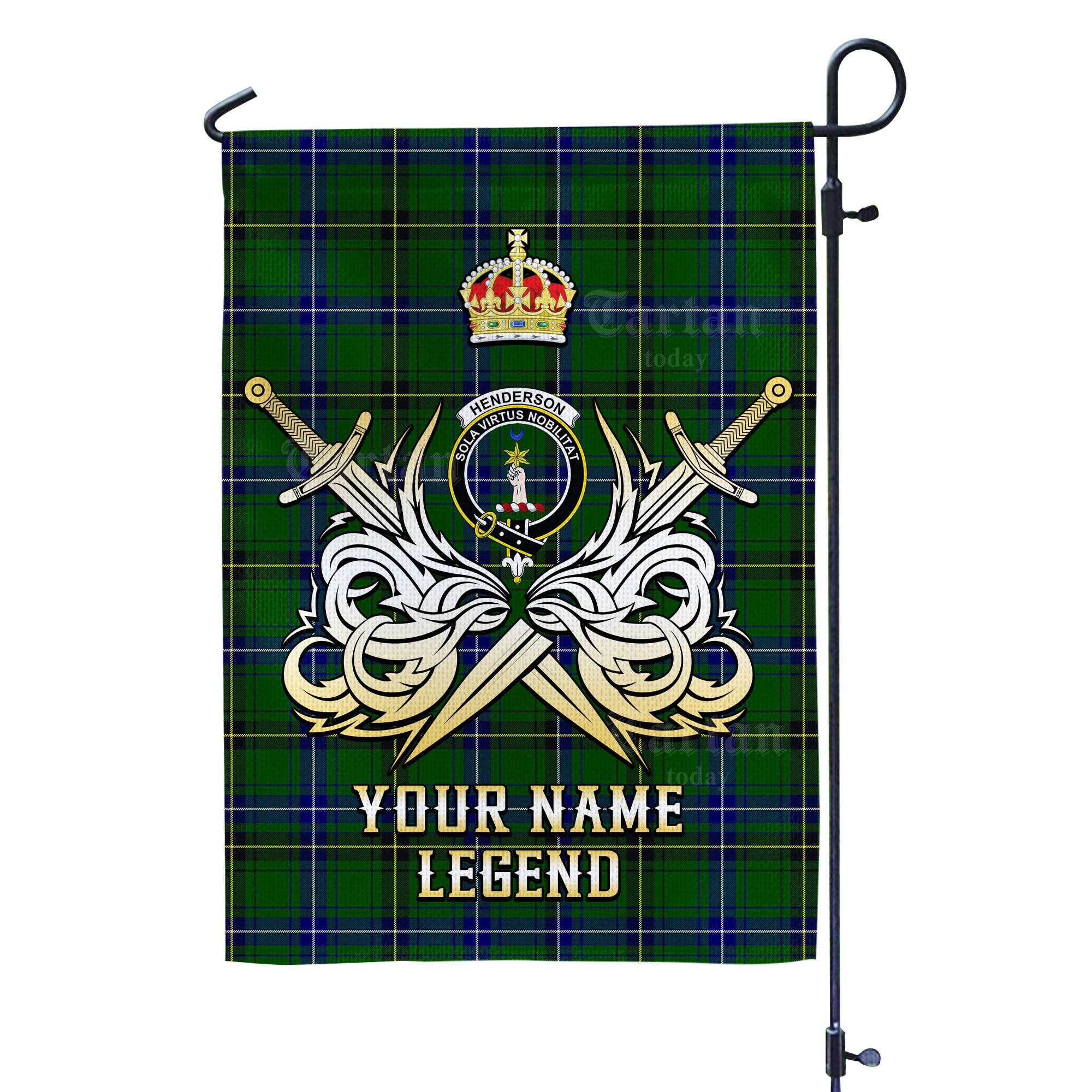 Custom Name Clan Henderson Modern Tartan Garden Flag with Clan Crest and the Golden Sword of Courageous Legacy AS19