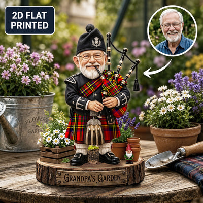 Personalized Hepburn Clan Bagpipe Garden Gnome Caricature Plaque Custom Photo, Any Clan Tartan, Wood or Acrylic, Grandpa & Dad Gift, Scottish Highland Garden Decor OD31